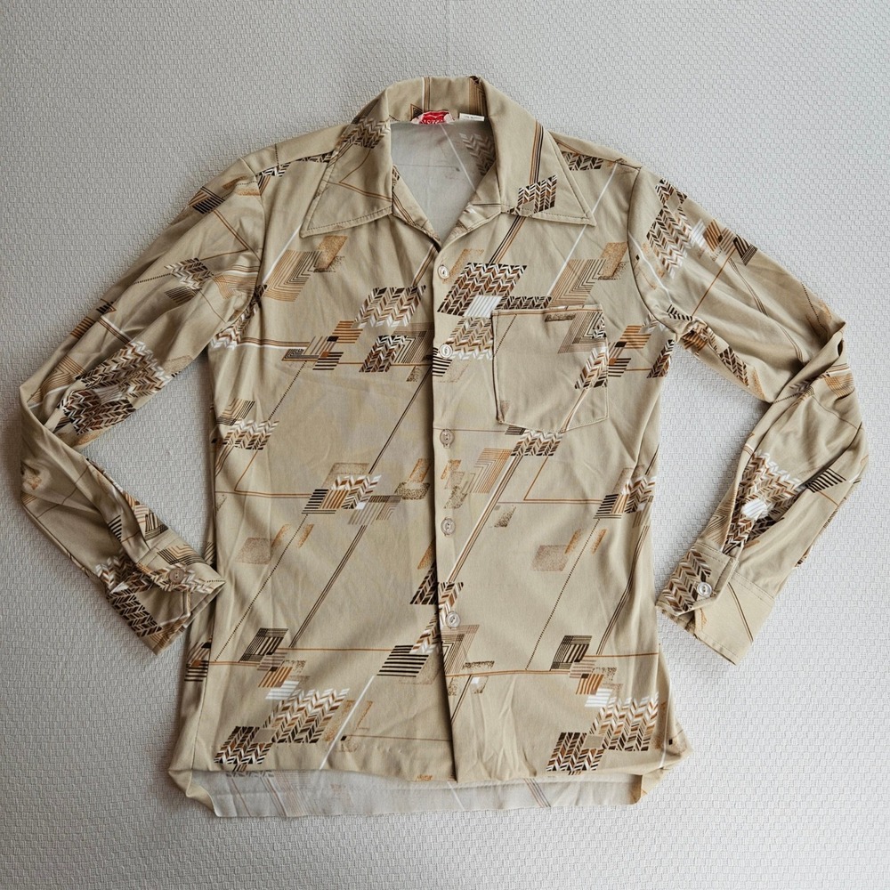 Vintage Picasso Mens Tan Geometric Disco Shirt 70s Retro Long Sleeve Small